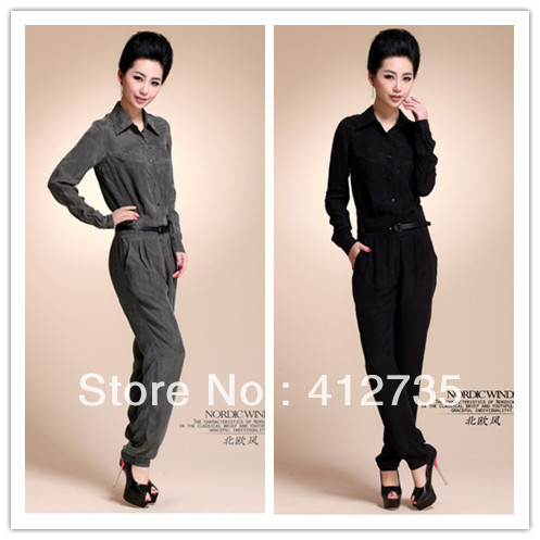 European High-end luxury lapel long-sleeved slim siamese pants jumpsuit pants