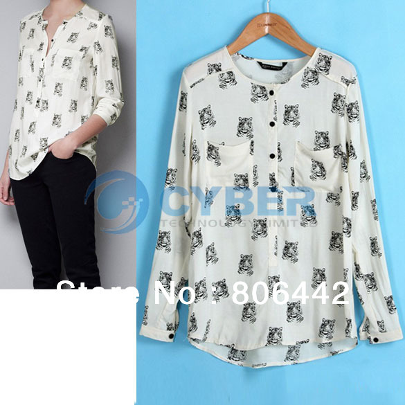 European Style 2013 Ladies Women's Tiger Pattern Casual Loose Long Sleeve Blouses Chiffon Shirt S,M,L Sizes Free Shipping 11113