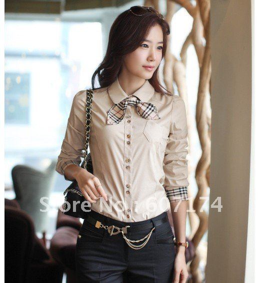 European style new arrival Stylish Women's skinny all-match OL outfit solid color plaid long-sleeve shirt casual shirt&blouse