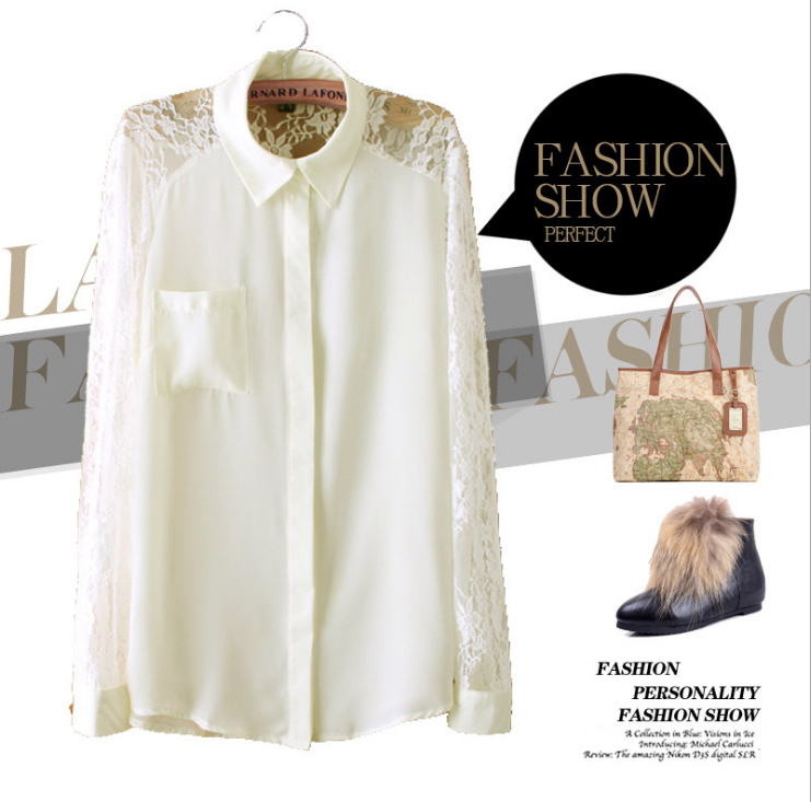 European Style New Ladies Soft Chiffon Pocket Sex Lace Long Sleeve Hollow Blouse Tops Shrit 2 colors Black/White