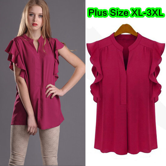 European Style Women Plus Size Peach Short Ruffled Flying Sleeve V-neck Summer Chiffon Shirts Casual Blouses Size XL-3XL