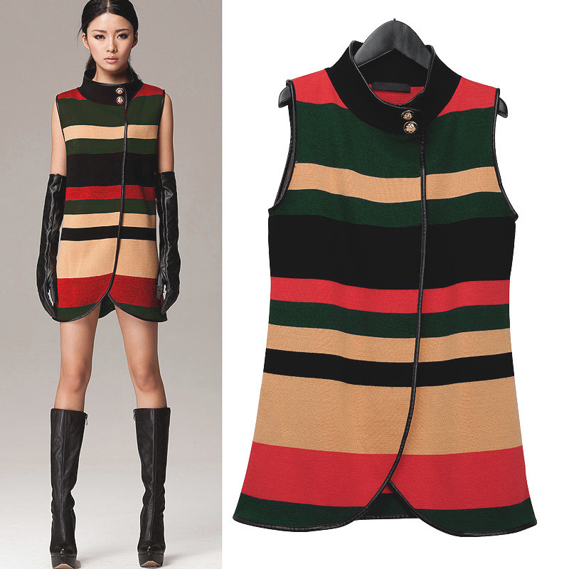 European version of the women's autumn medium-long color stripe sleeveless vest knitted mercerizing loose sweater outerwear