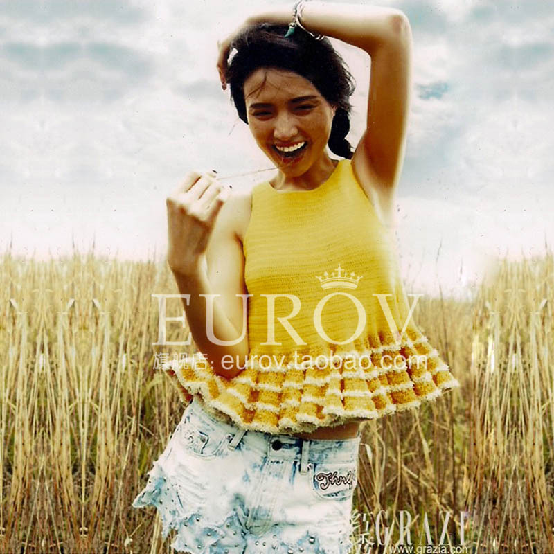 Eurov2013 spring and summer expansion bottom ruffle flock printing knitted sleeveless pullover top