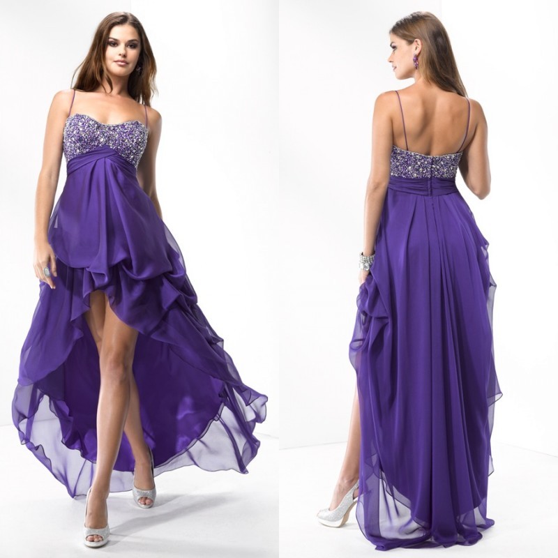 Evening dress double-shoulder spaghetti strap beading low-high formal dress purple chiffon formal dress he52