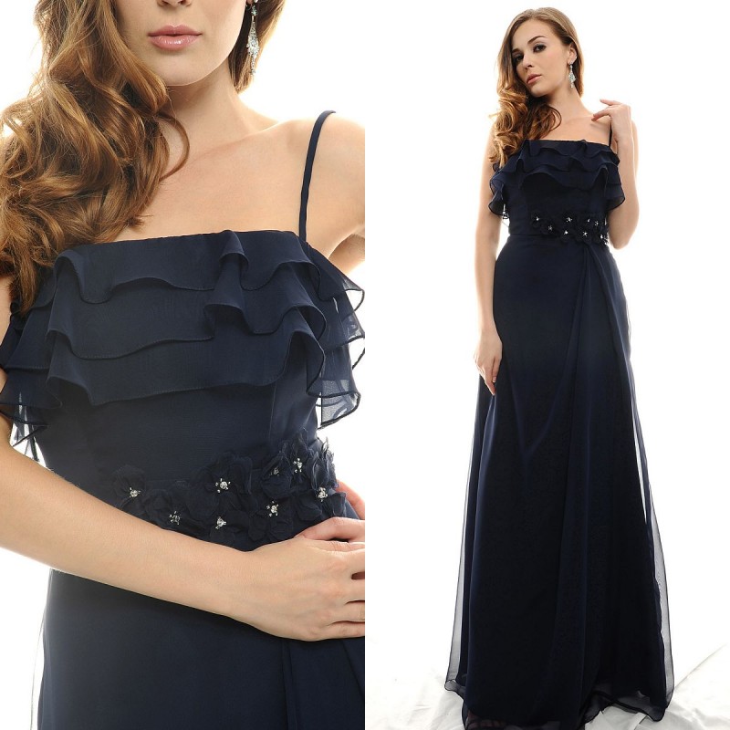 Evening dress double-shoulder spaghetti strap lotus leaf long design formal dress Dark Blue chiffon formal dress he20