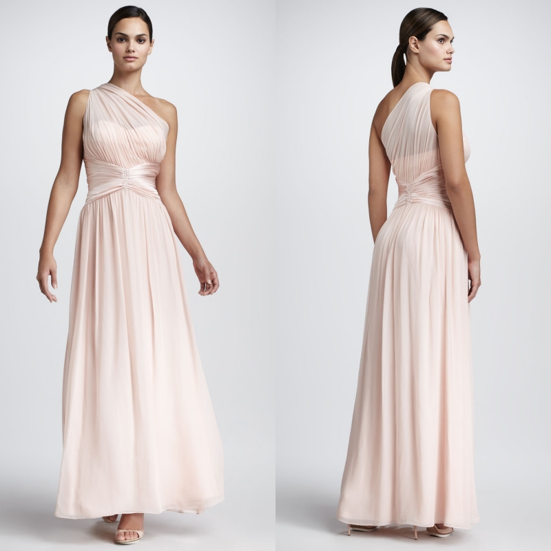 Evening dress meat pink chiffon formal dress one shoulder belt long design formal dress he195