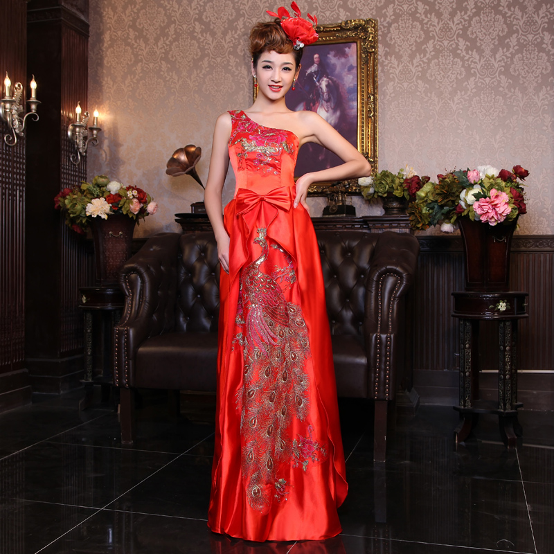 Evening dress one shoulder lace embroidery long design bridal red evening dress 2012 lf8635