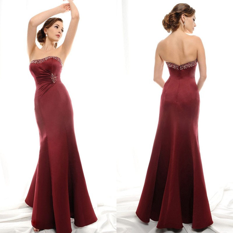 Evening dress prom Wine red fish tail formal dress tube top silks and satins formal dress he12