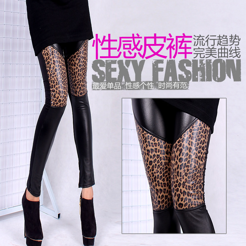 Exclusive! 2012 new desing Europe/America sexy slim fit leopard patchwork imitation leather women leggings/tights/pants/trousers