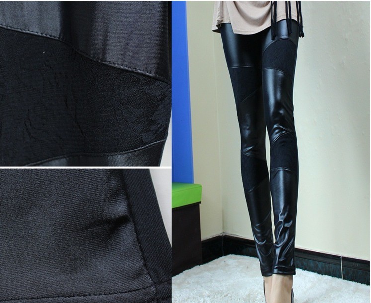 Exclusive single thin cotton Patchwork Leather Lace warm velvet Leggings with nine female jeans wholesale