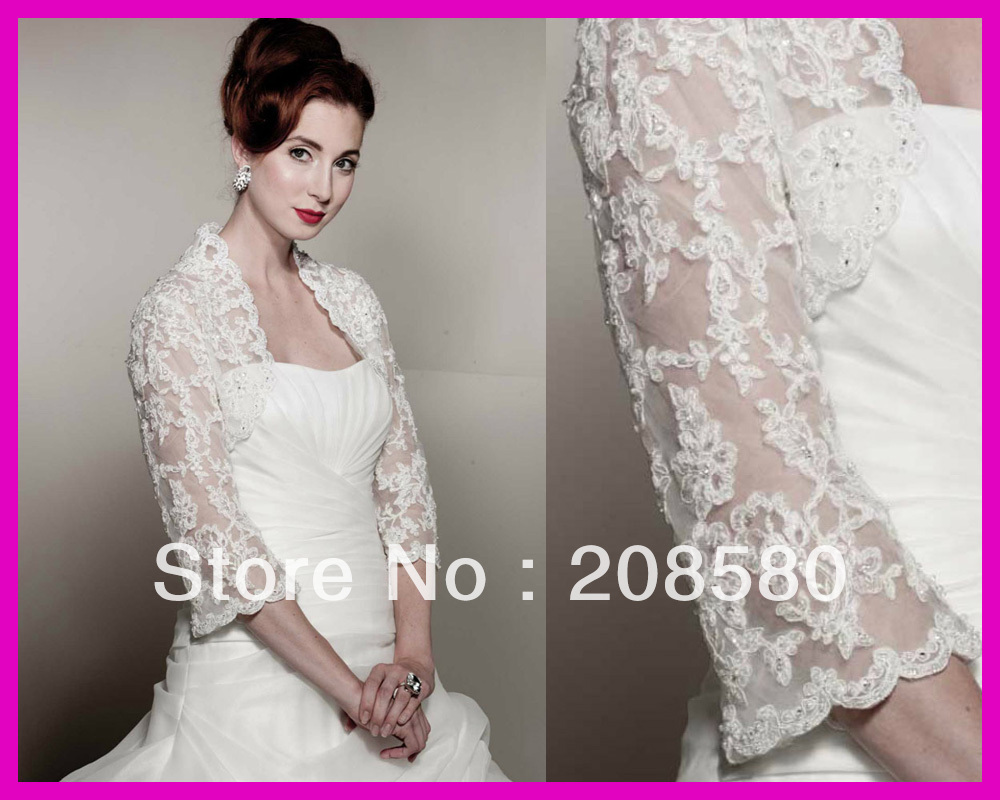 Exquisite Beaded Lace 3 4 Long Sleeves Bridal Wedding Jackets Wraps Bolero J35