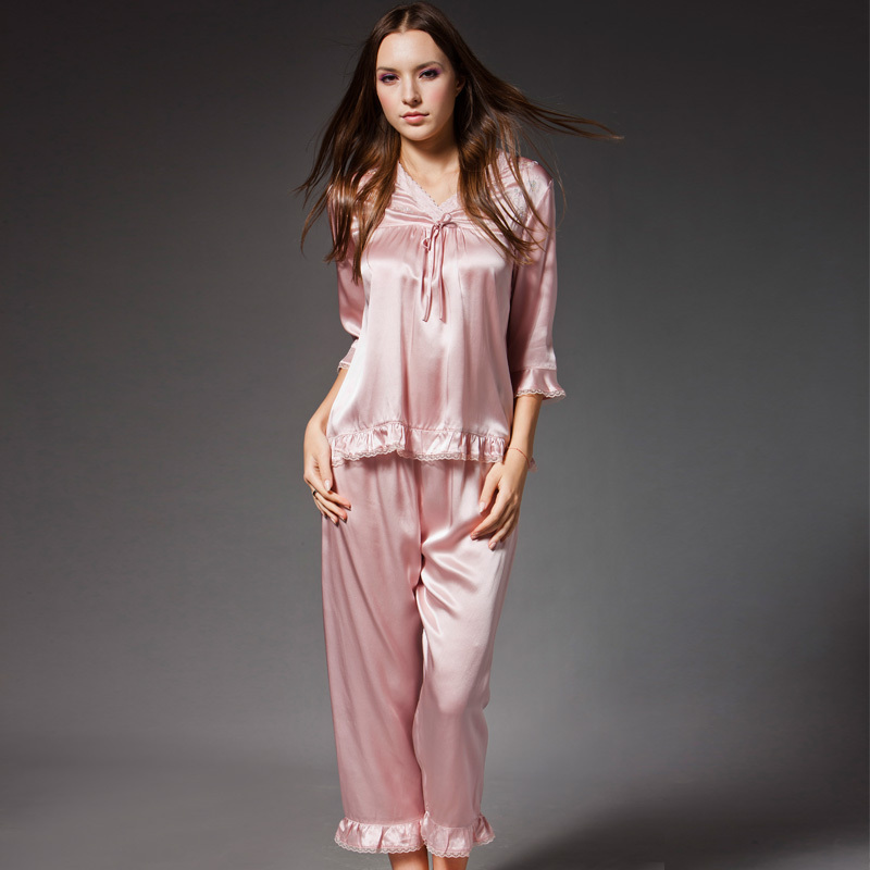 Exquisite lace silk up and down suit sleepwear female mulberry silk lounge 9007