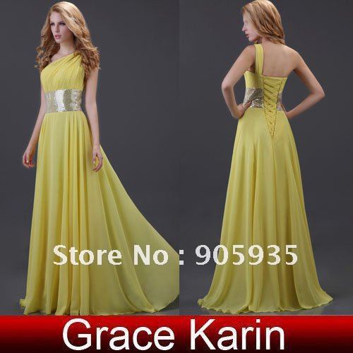 Exquisite! One Shoulder Yellow Floor-length Evening Prom Dress, With Sequins Embellishment at Waistline, Free Shipping CL3419