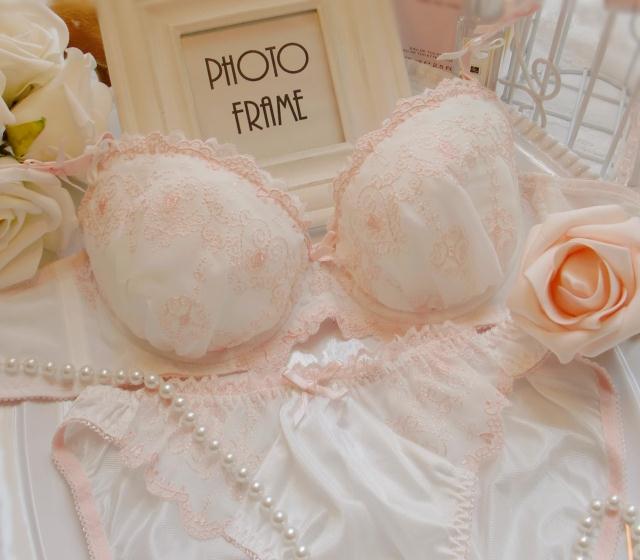 Exquisite orange pink embroidery white chiffon underwear bra set