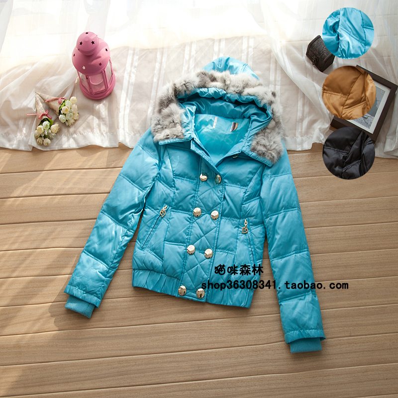 Exquisite rabbit fur double breasted short design down coat 0.73kg