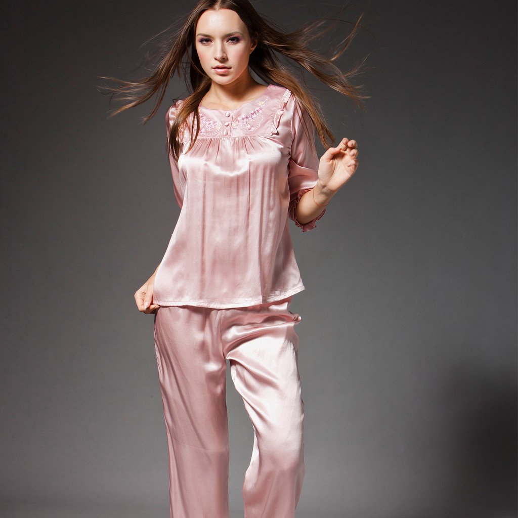 Exquisite women's pleated collar silk up and down suit set sleepwear lounge hct 9005