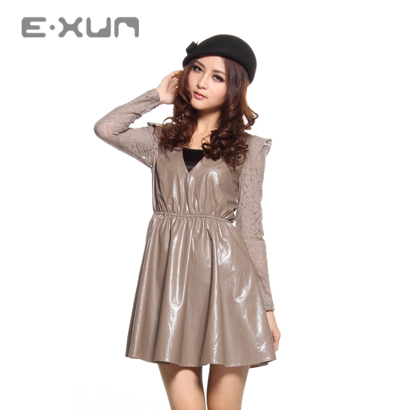 Exun spring 2013 women's lace patchwork leather skirt long-sleeve basic slim one-piece dress