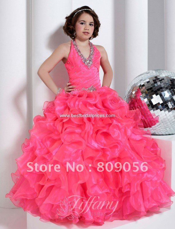F0016 Free Shipping Fashion Halter Pink Beaded Organza Lovely Pageant Girl's Party Princess Flower Girl Dresses Gowns