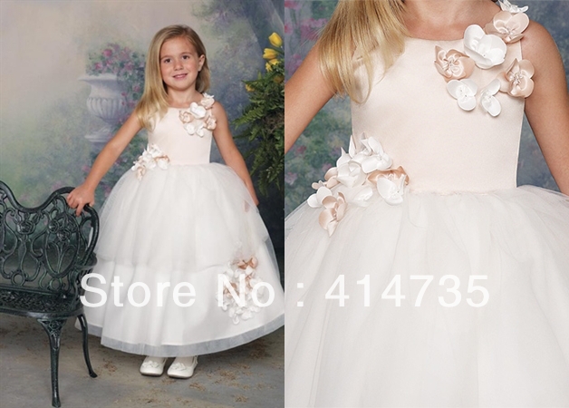 F002A Cheap White Cute Organza Flower Girl Dresses Flowers Ball Gown Ankle-Length Custom Made