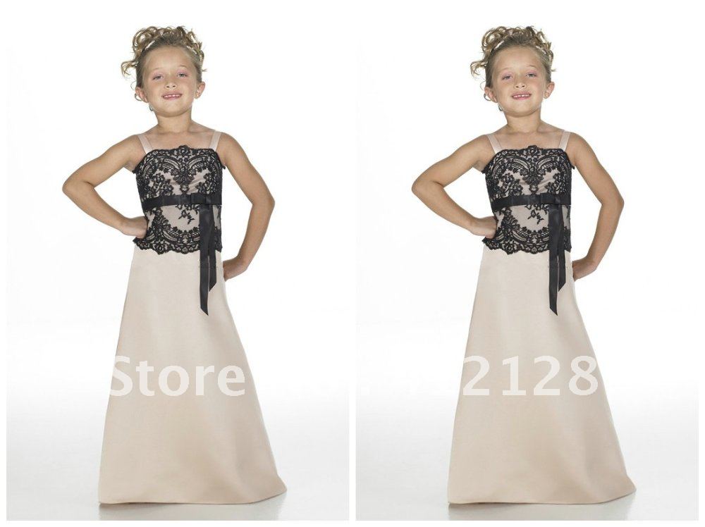 F015 Lovely Spaghetti Strap Satin Flower Girl Dresses Appliques Bow A-line Ankle Length For Party or Christmas