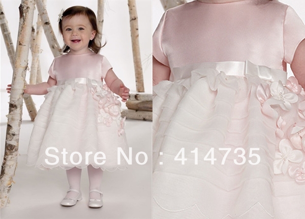 F016A Cute Satin Wedding Pink CheapToddler  Flower Girls Dresses Tiered A-Line Mid-Calf Custom Made