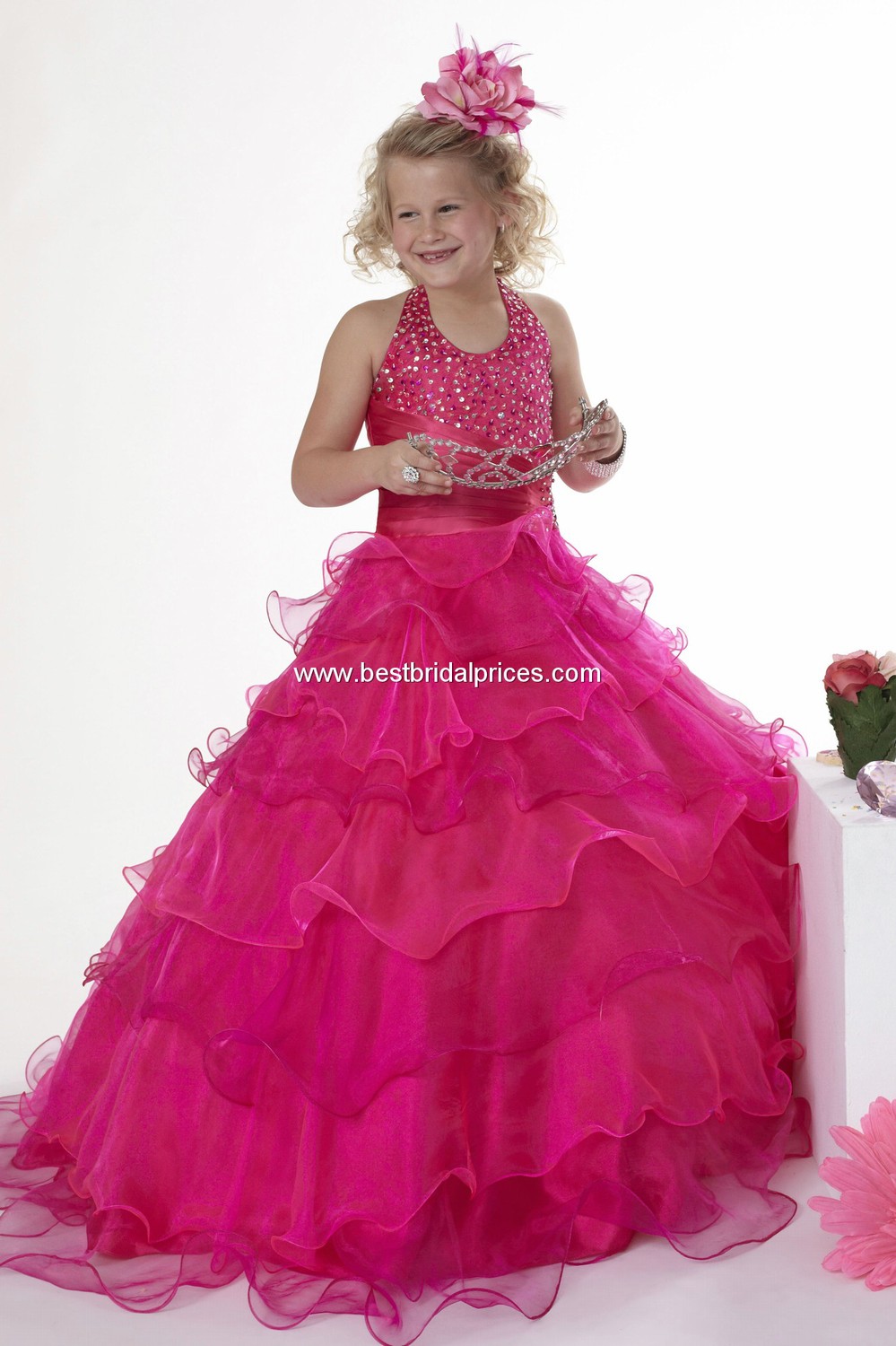 F02 Halter beaded Pink Free Shipping Fashion luxuriant Organza Lovely Pageant Girl's Party Princess Flower Girl Dresses Gowns