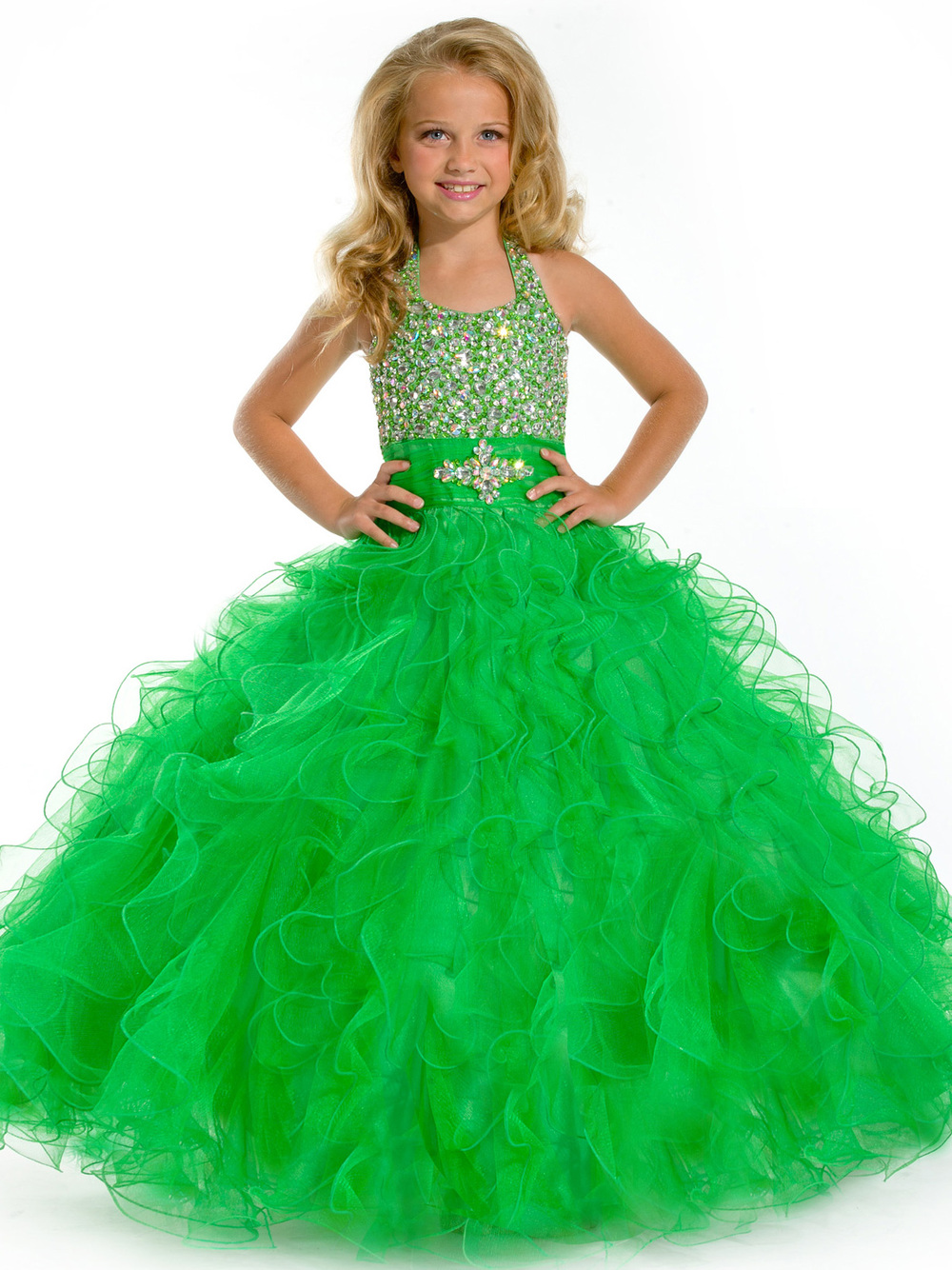 F16 2013 green halter beaded sequins Colorful luxuriant Organza Lovely Pageant Girl's Party Princess Flower Girl Dresses Gowns