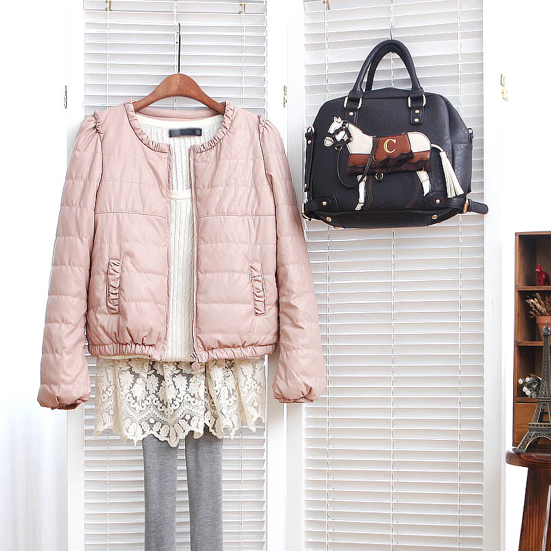 F20070 2012 female PU lace sweep small slim short design leather wadded jacket r6