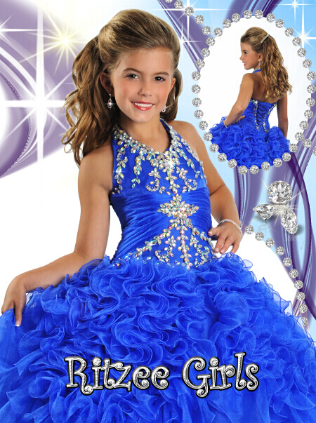 F26 royal blue organza beaded sequins Colorful luxuriant Organza Lovely Pageant Girl's Party Princess Flower Girl Dresses Gowns