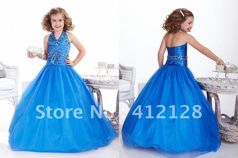 F309 A-line Halter V-neck Organza Taffeta Flower Girl Dresses Ruffles Beaded Dimonds Ankle Length For Party and Christmas Day