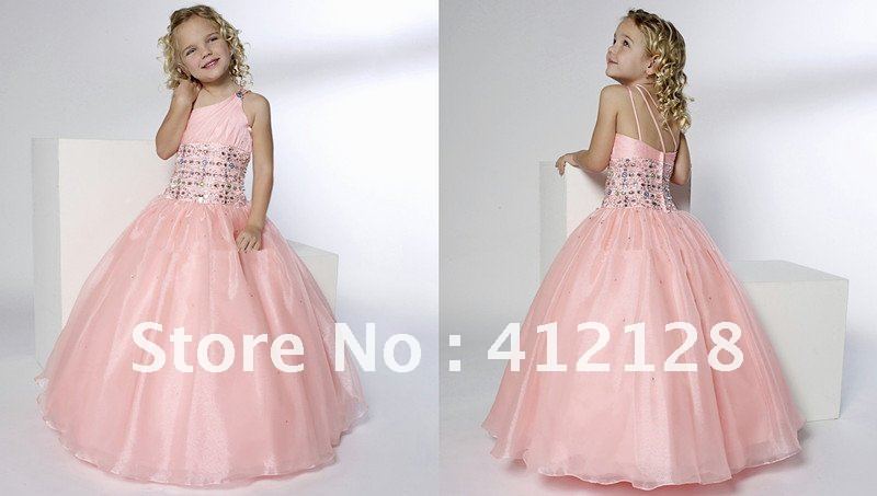 F33 Ball Gown One Shoulder Organza Flower Girl Dresses Beaded Rhinestone Ankle Length For Party or Christmas