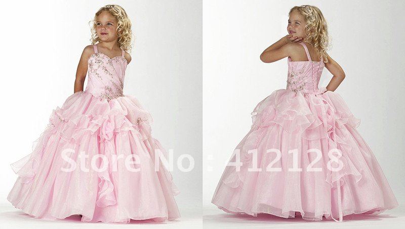 F42 Ball Gown Spaghetti Pink Organza Flower Girl Dresses Beaded Ruffles Ankle Length For Party or Christmas