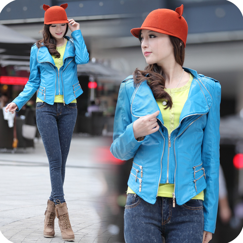 F4269 2013 spring new arrival women's double layer collar two ways zipper short design slim PU outerwear leather clothing
