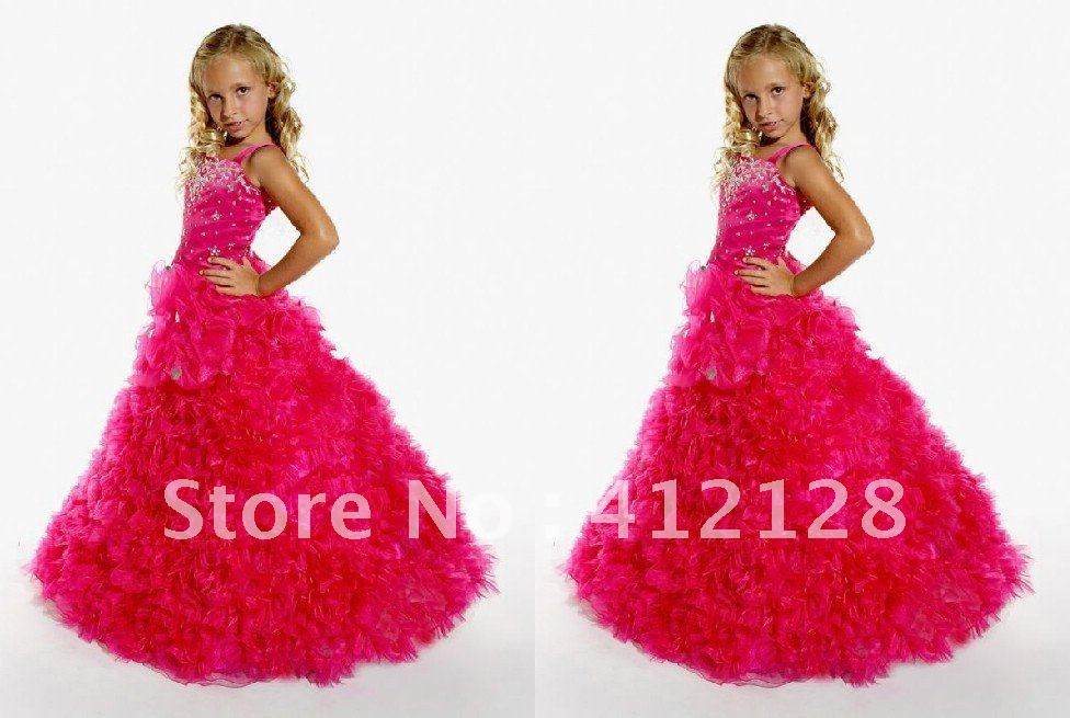 F57 A-line Spaghetti Pink Tulle Flower Girl Dresses Beaded Ankle Length For Party and Christmas