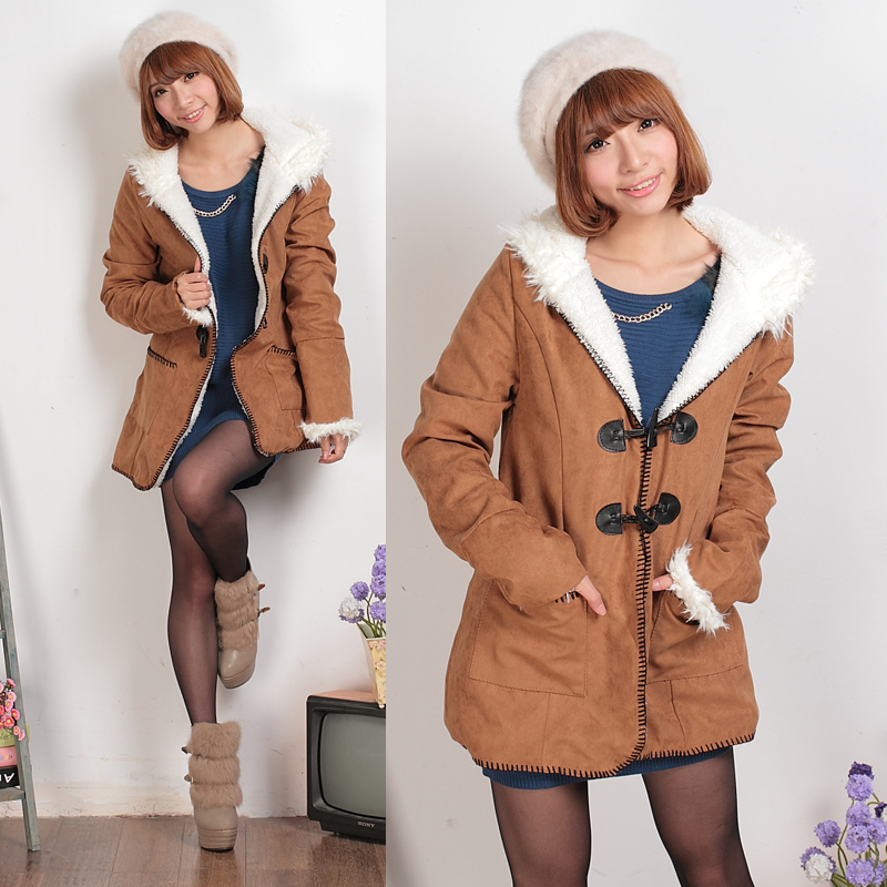 F7138 winter faux leather berber fleece horn button slim with a hood thickening wadded jacket women's outerwear