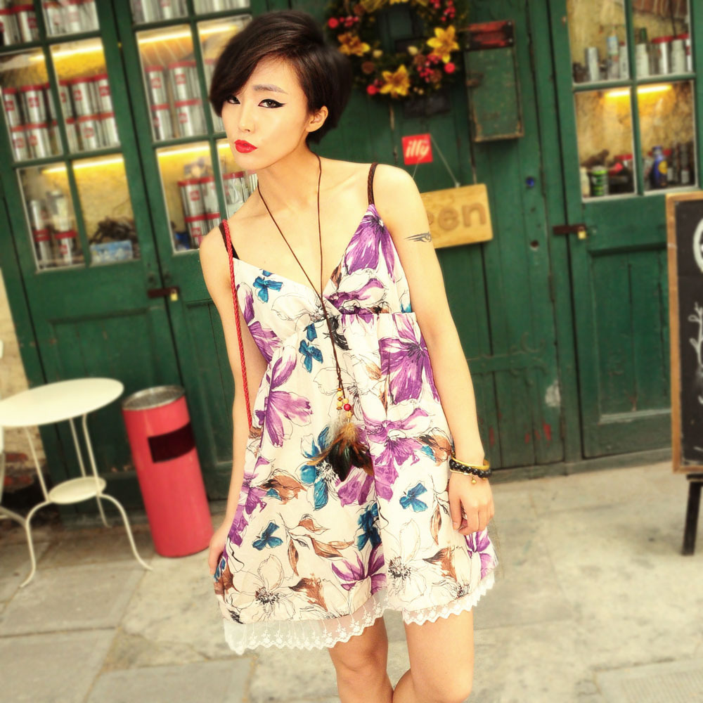 F80114 flower knitted leather cord spaghetti strap lace spaghetti strap one-piece dress