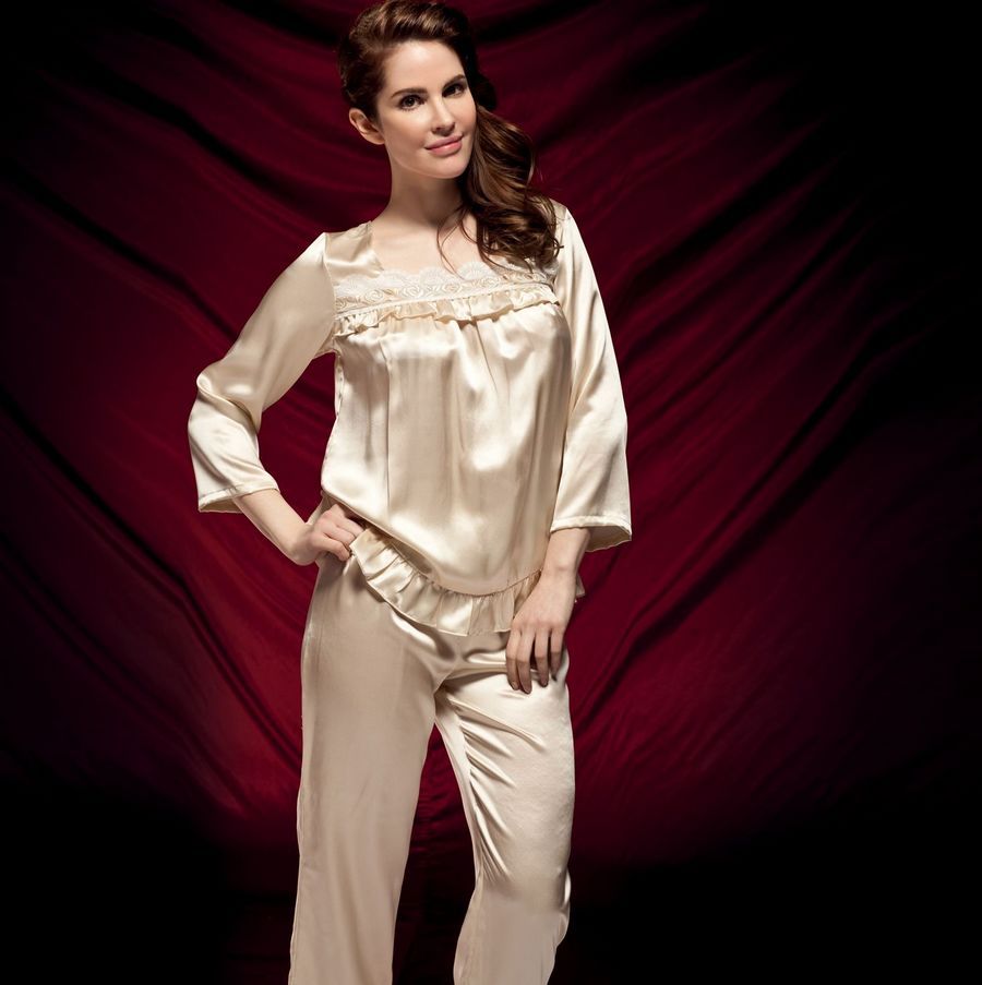 Fabric silk mulberry silk women's long-sleeve underwear sleepwear beige d2008 free shipping