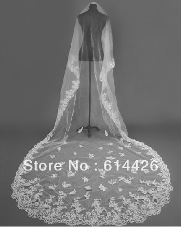 Factory Custom New 1T White / Ivory 3 meter long  applique Wedding Veil / Bridal Veil with lace Hem Edge  retail and wholesale
