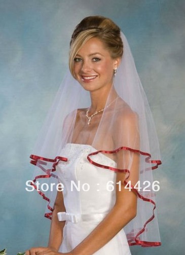 Factory Custom New 2T White / Ivory red ribbon edge Wedding Veil / Bridal Veils retail and wholesale