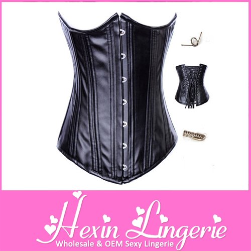 [Factory Dropship] Black Full Steel Bone Leather Corset With Front Busk Closure LB4461 Size S M L XL 1 Pcs Freeshipping
