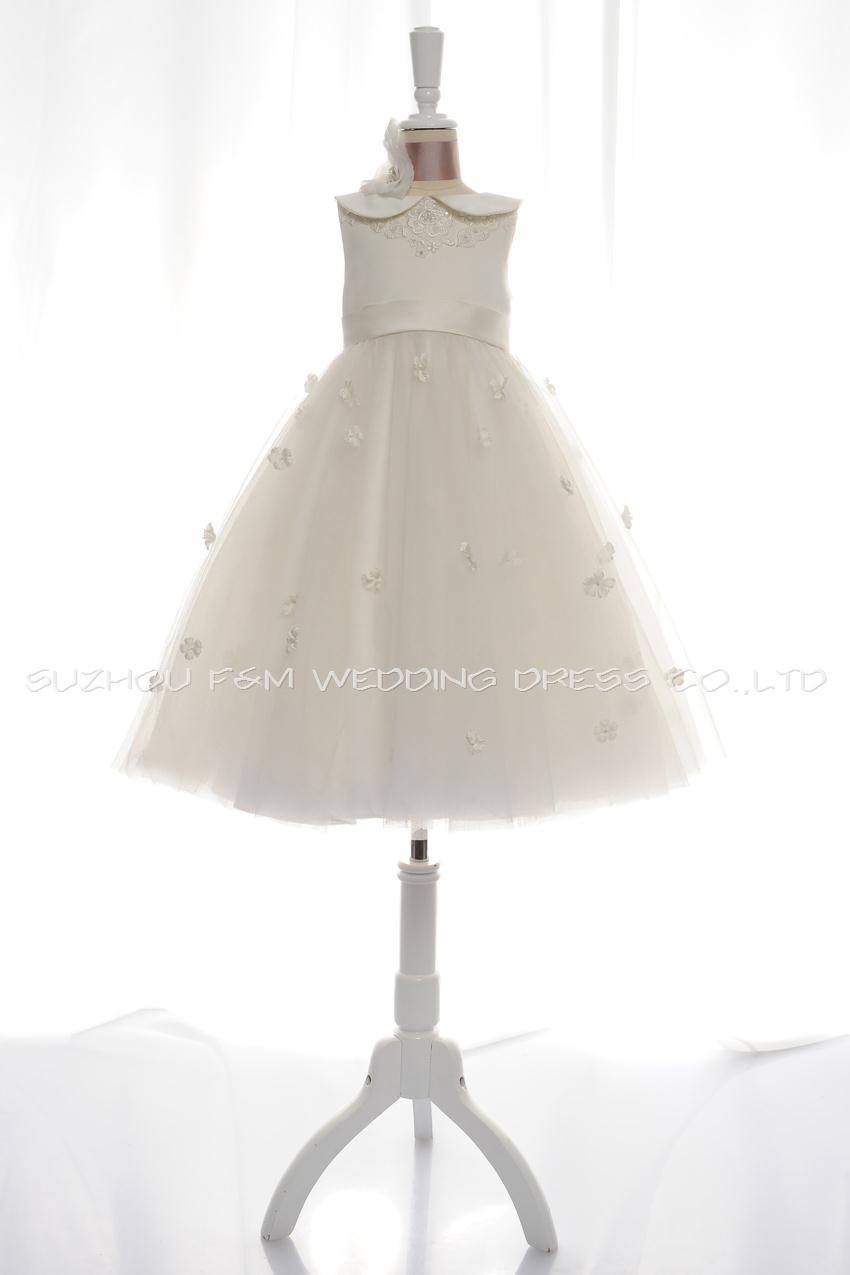 Factory outlet center F&M 2013 Lace&Satin&Tulle flower girl dress with beaded lace&a bias band applique flower girl dress