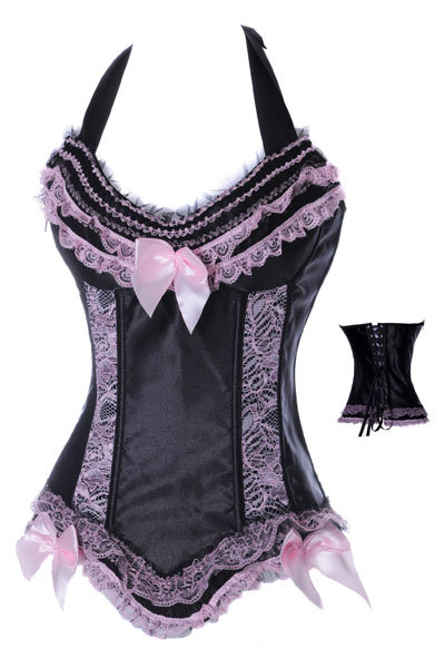 Factory SELL! Black Strap Corset With Pink Trimmed Ruffles And Satin Bows LB4366  cute lace bustiers