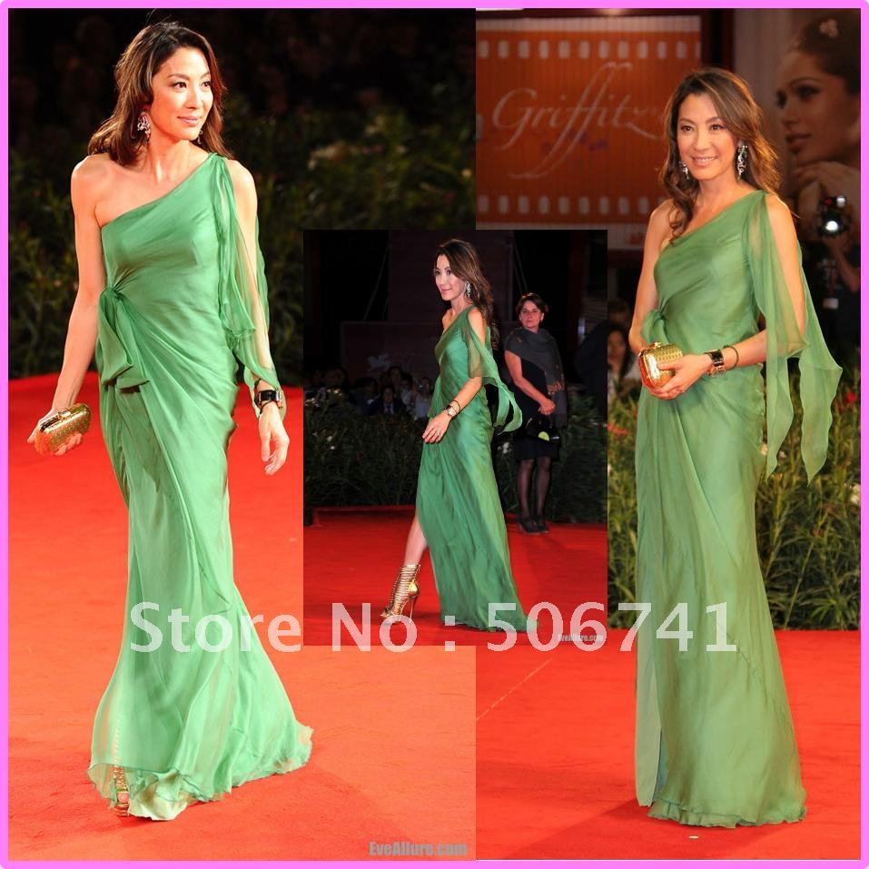 Factory Wholesale Free Shipping Customized Column One Strap Floor Length Green Chiffon Dress Of Michelle Yeoh  Celebrity Dresse