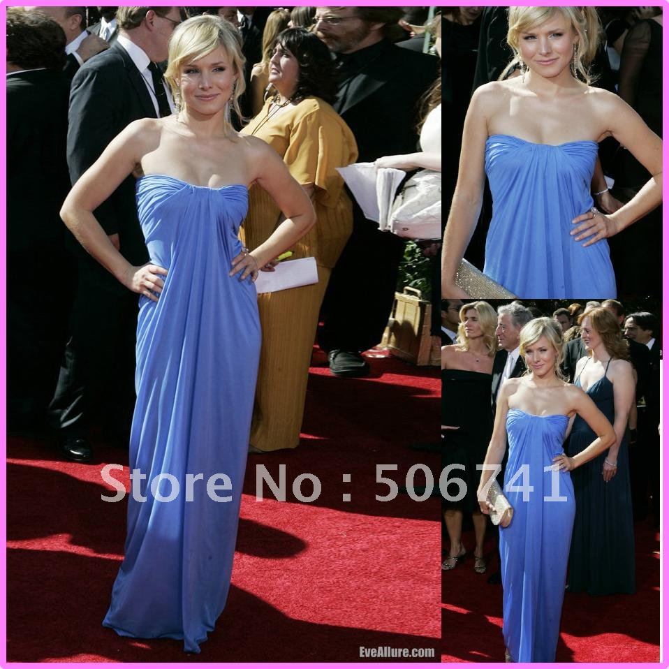 Factory Wholesale Free Shipping Customized Emmy Awards Red Carpet Celebrity Dresses Blue Chiffon Floor Length Evening Gown