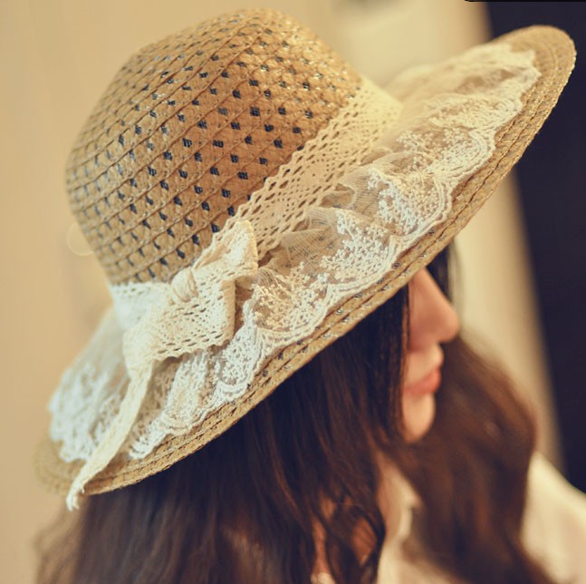 Fairy lace decoration bow strawhat beach sun-shading large brim hat female summer