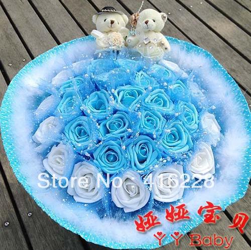 fake bouquet 30 two-color rose Korean couple Bear Cartoon Bouquet dried flowers Valentine's Day Gift ZA953