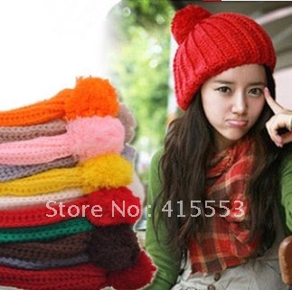 Fall/winter new style yarn knitting Cap woman Candy-colored wool ball cap