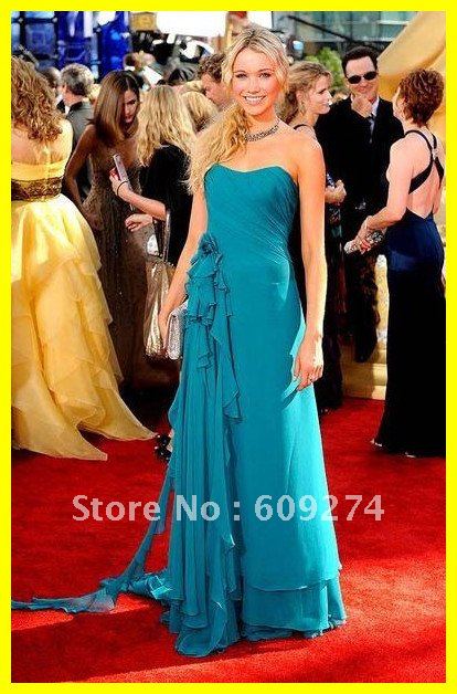 Famous 2012 Charming Strapless Backless Chiffon Ruffle Sheath Celebrity Dresses Empire Blue Evening Dress