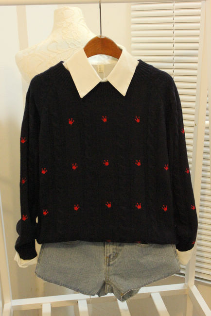 Fan er 2013 spring british style embroidery small o-neck pullover knitted sweater