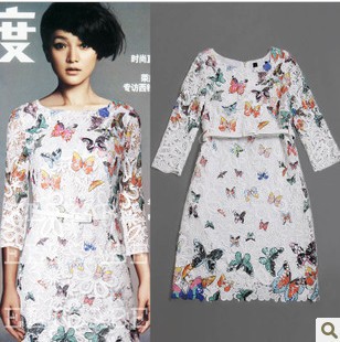 Fancy Fashion Vintage Butterfly Animal Printed With Belt Lace Patchwok Knee-Length Boutique Dress